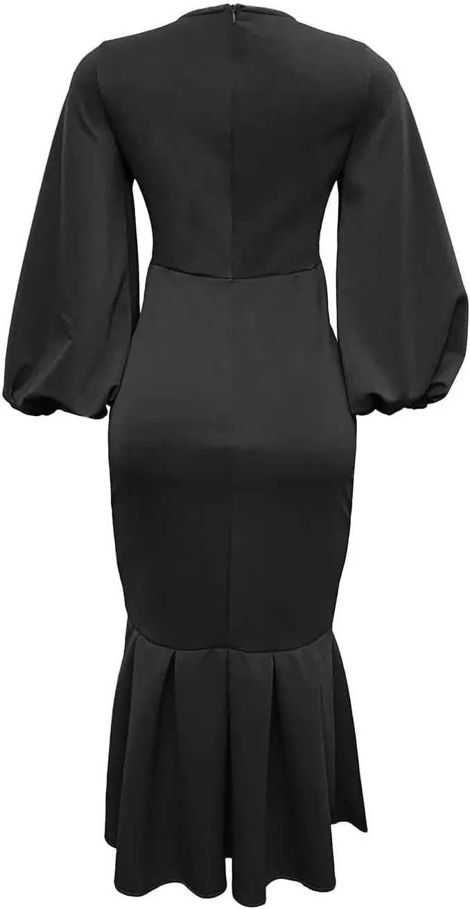 Women's Patchwork Ruffle Hem Bodycon Fishtail Gown Maxi Dress Outfit for Church