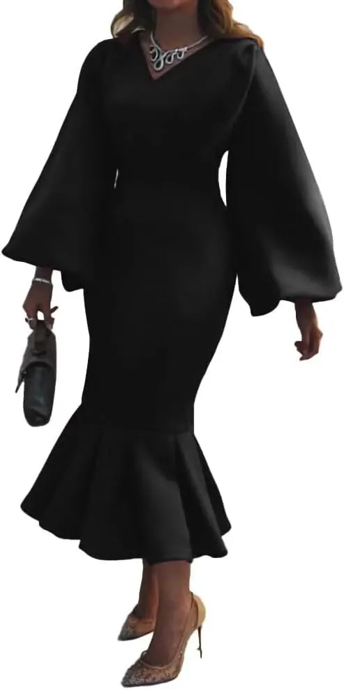 Women's Patchwork Ruffle Hem Bodycon Fishtail Gown Maxi Dress Outfit for Church