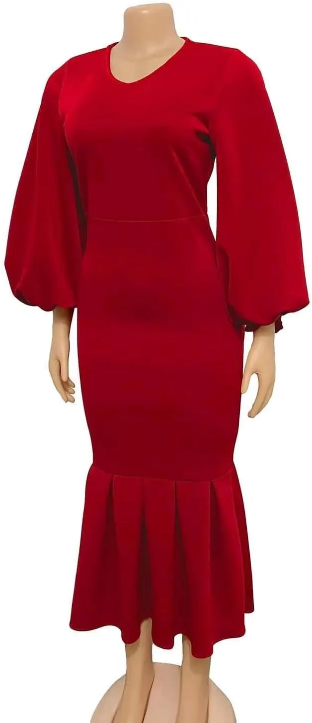 Women's Patchwork Ruffle Hem Bodycon Fishtail Gown Maxi Dress Outfit for Church
