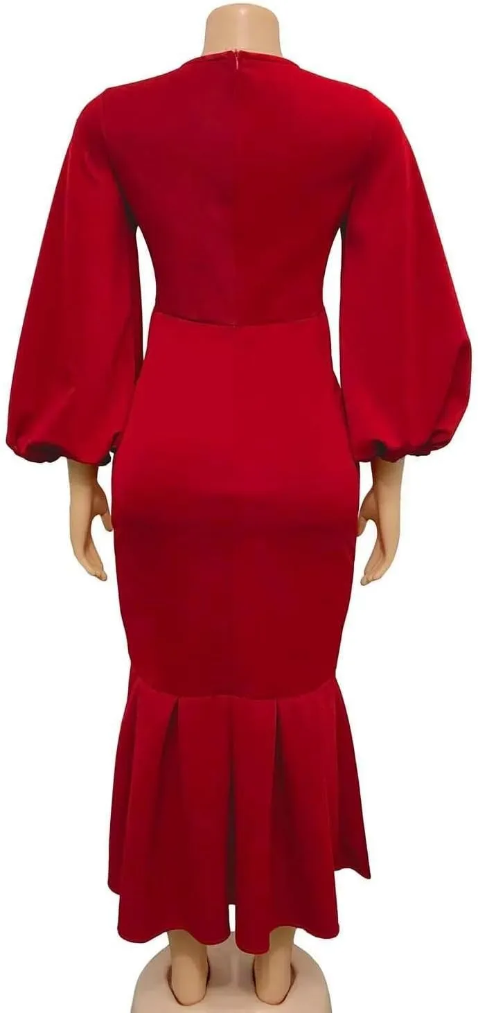 Women's Patchwork Ruffle Hem Bodycon Fishtail Gown Maxi Dress Outfit for Church