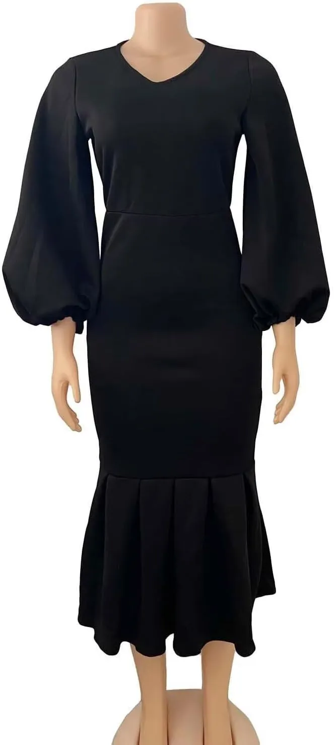 Women's Patchwork Ruffle Hem Bodycon Fishtail Gown Maxi Dress Outfit for Church