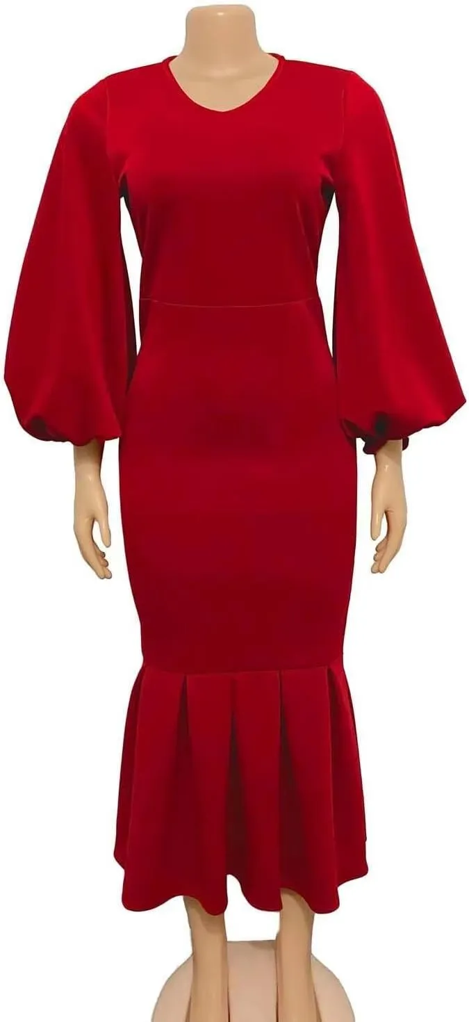 Women's Patchwork Ruffle Hem Bodycon Fishtail Gown Maxi Dress Outfit for Church
