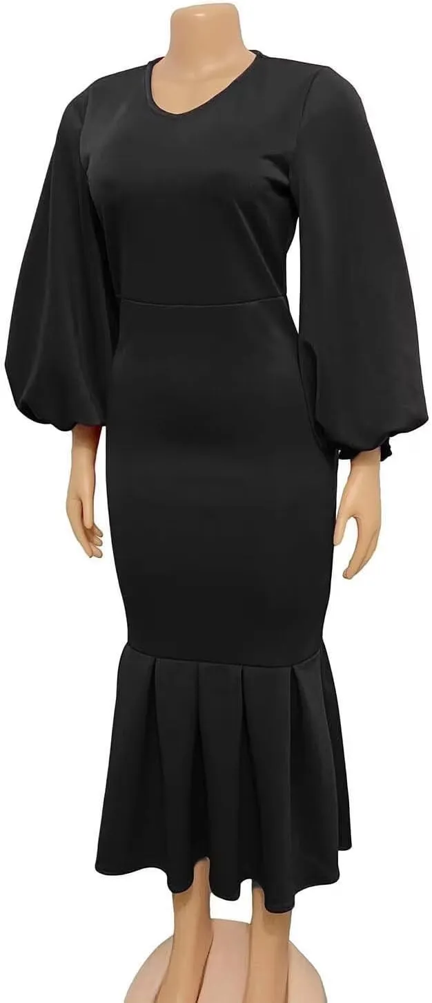 Women's Patchwork Ruffle Hem Bodycon Fishtail Gown Maxi Dress Outfit for Church