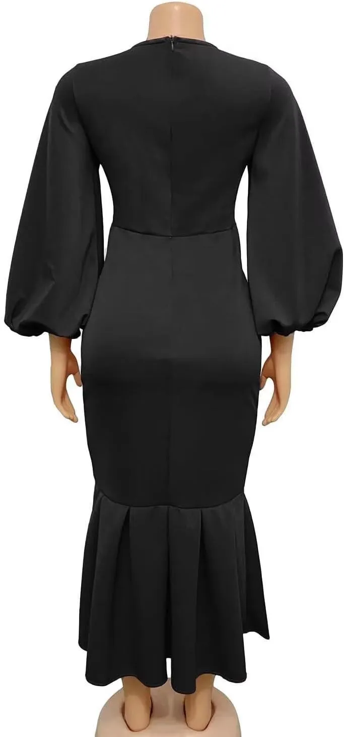 Women's Patchwork Ruffle Hem Bodycon Fishtail Gown Maxi Dress Outfit for Church