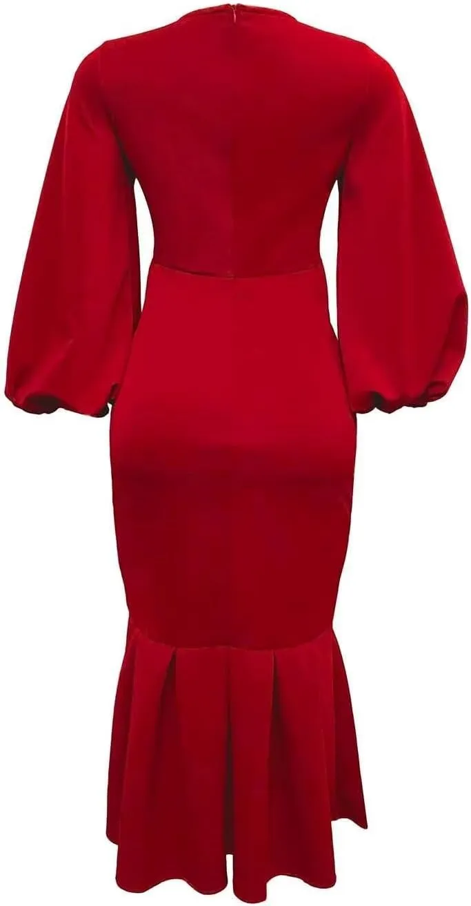 Women's Patchwork Ruffle Hem Bodycon Fishtail Gown Maxi Dress Outfit for Church