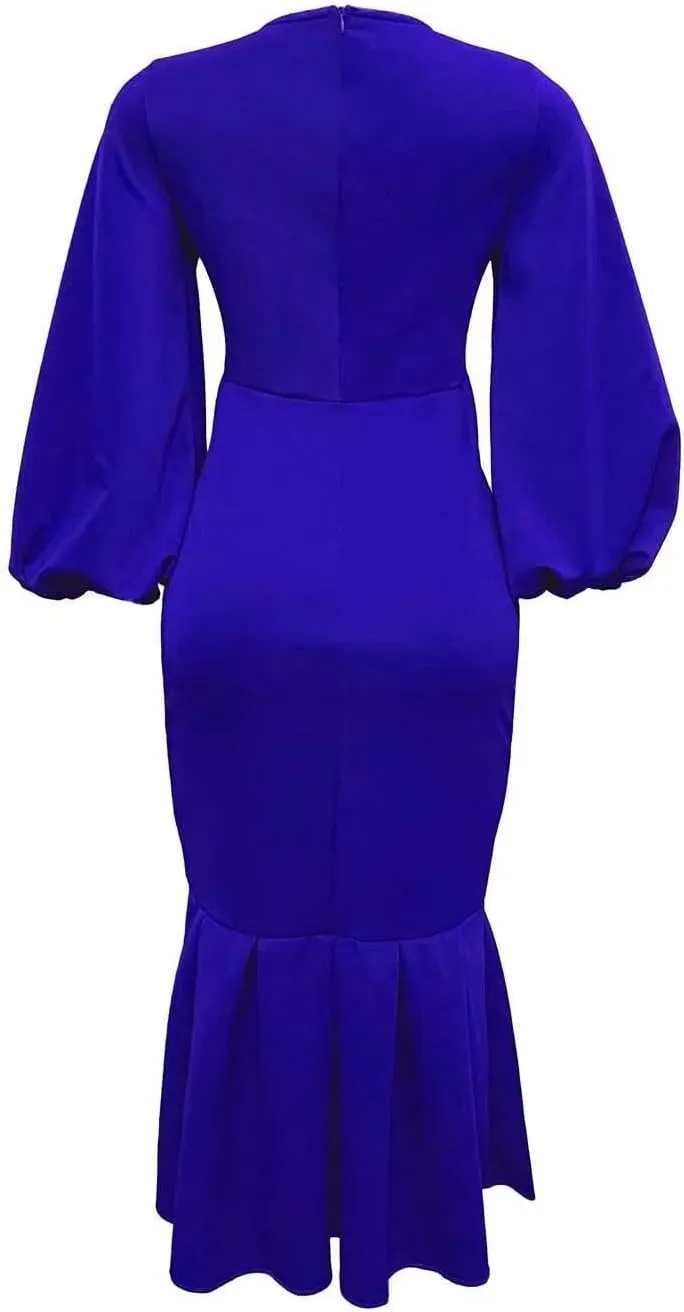 Women's Patchwork Ruffle Hem Bodycon Fishtail Gown Maxi Dress Outfit for Church