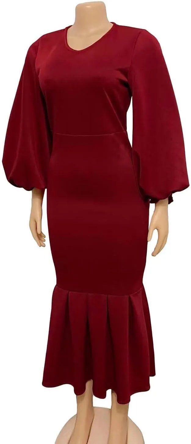 Women's Patchwork Ruffle Hem Bodycon Fishtail Gown Maxi Dress Outfit for Church