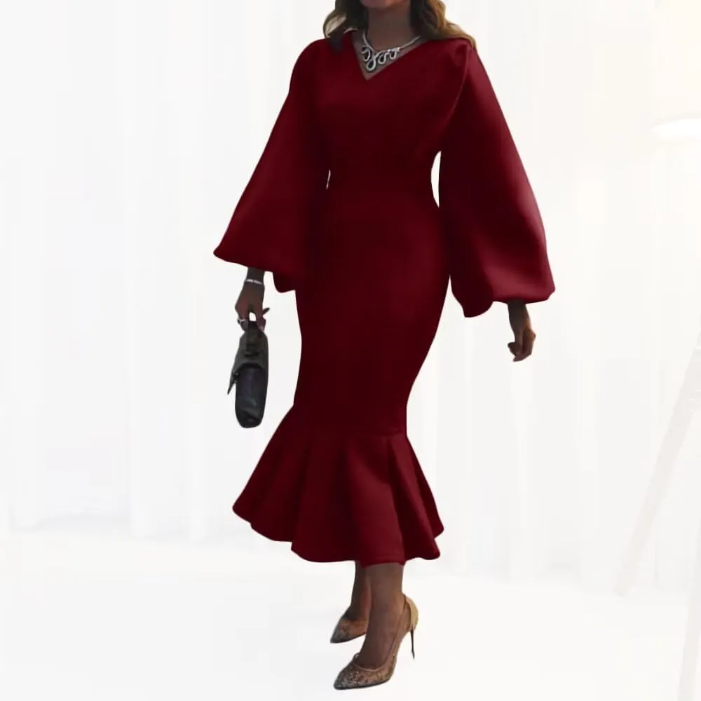 Women's Patchwork Ruffle Hem Bodycon Fishtail Gown Maxi Dress Outfit for Church