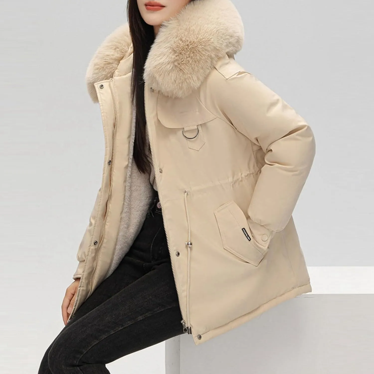 Women's Winter Thicken Puffer Coat Casual Warm Fleece Lined Down Jacket Faux Fur Hood Military Jacket Parka Travel