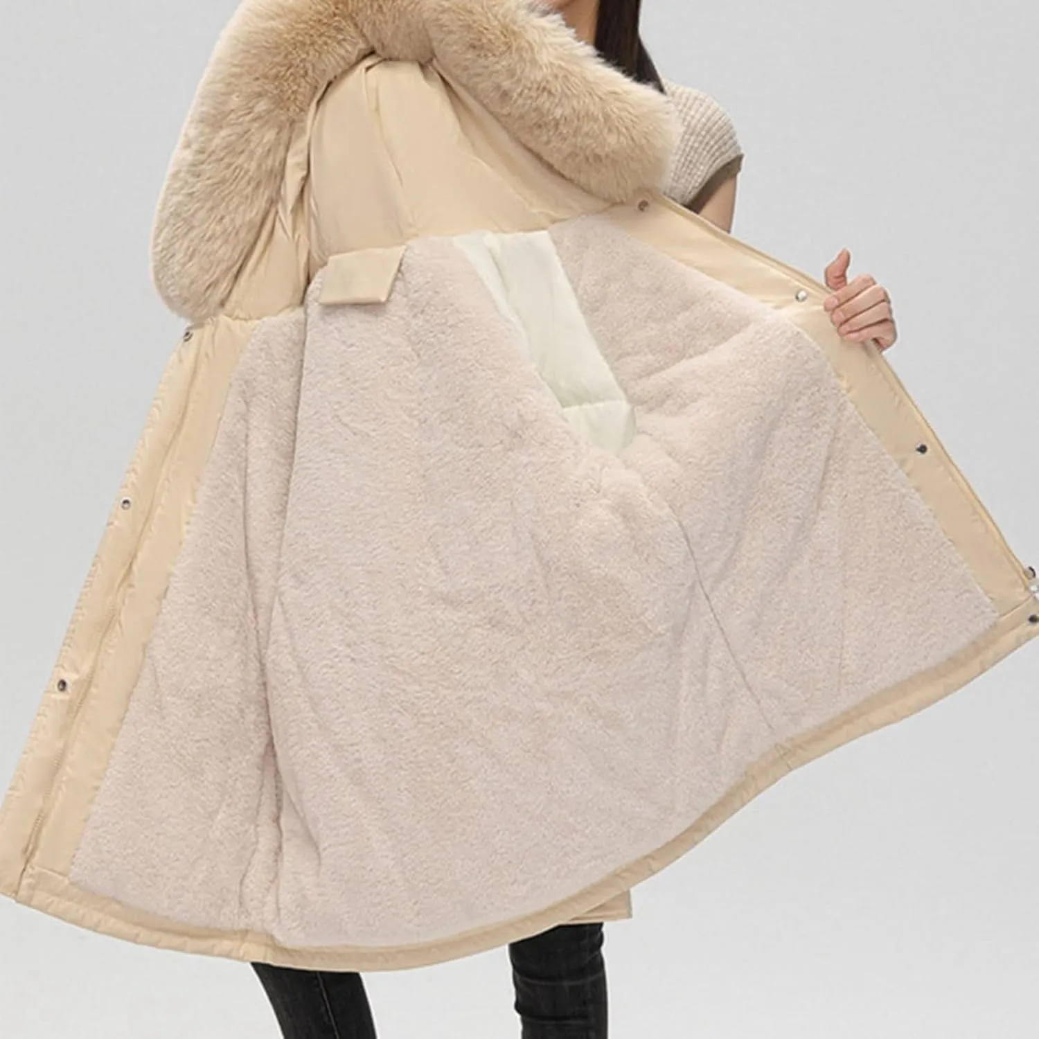 Women's Winter Thicken Puffer Coat Casual Warm Fleece Lined Down Jacket Faux Fur Hood Military Jacket Parka Travel