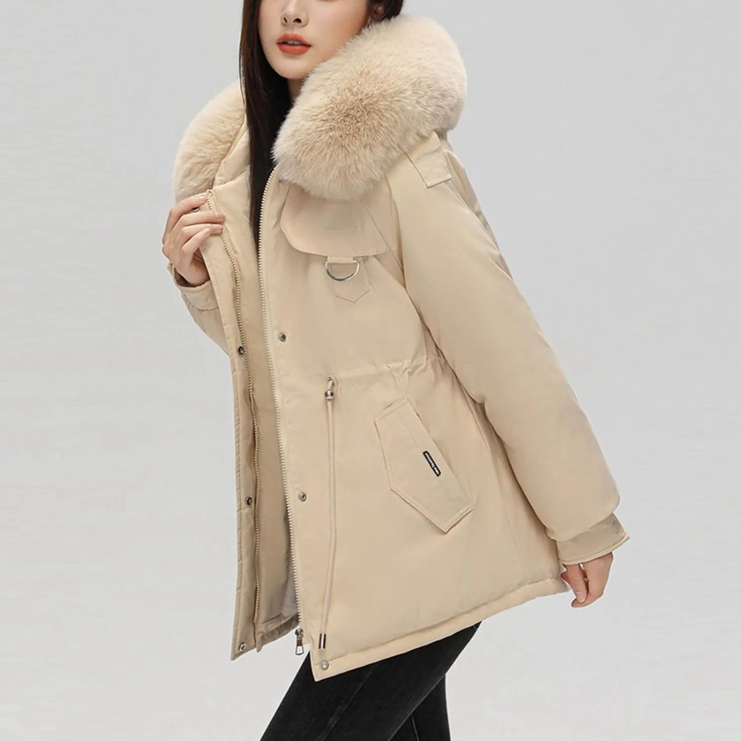 Women's Winter Thicken Puffer Coat Casual Warm Fleece Lined Down Jacket Faux Fur Hood Military Jacket Parka Travel