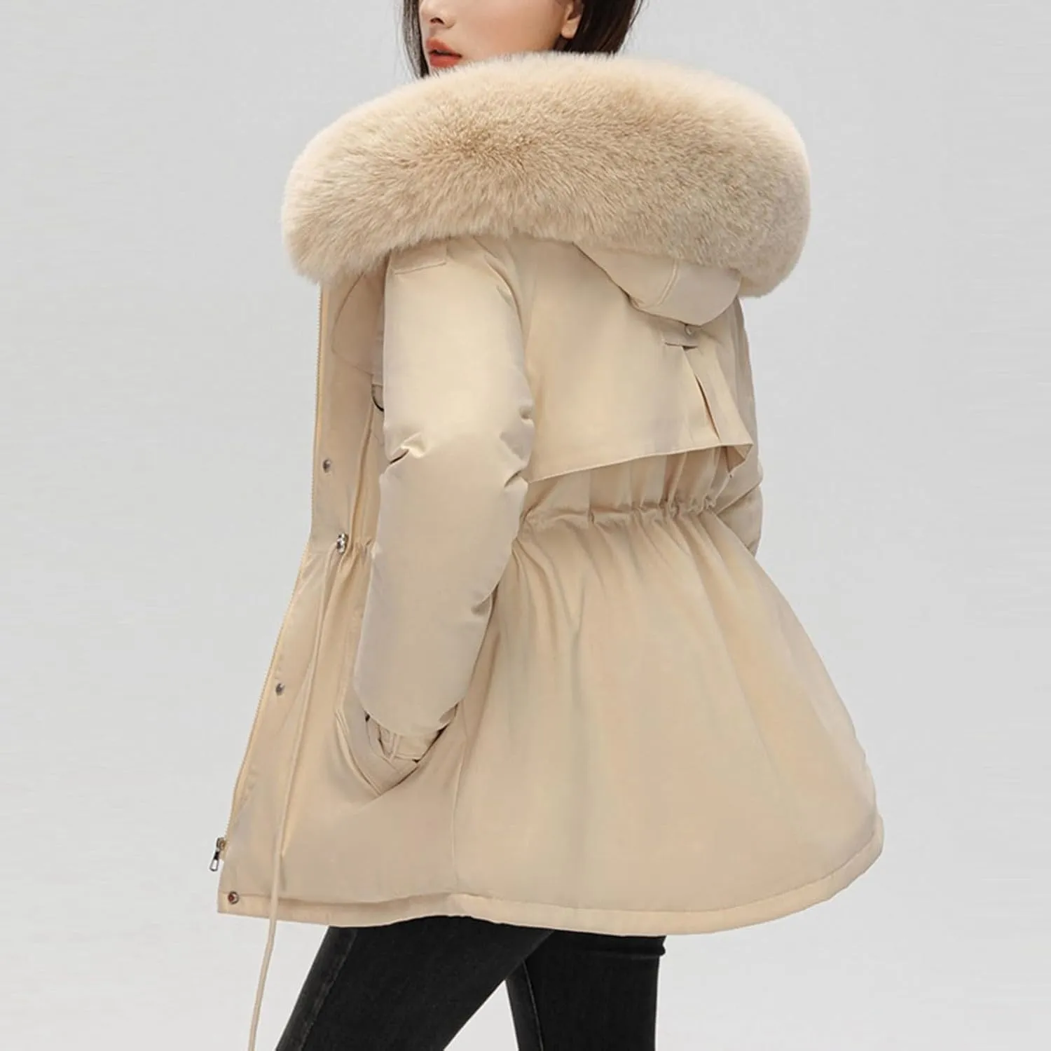 Women's Winter Thicken Puffer Coat Casual Warm Fleece Lined Down Jacket Faux Fur Hood Military Jacket Parka Travel