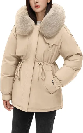Women's Winter Thicken Puffer Coat Casual Warm Fleece Lined Down Jacket Faux Fur Hood Military Jacket Parka Travel
