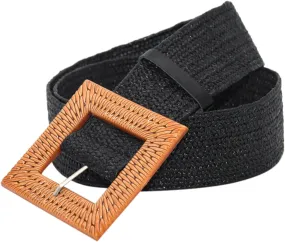 Woven Belt for Women Straw Elastic Stretch Wide Boho Waist Belt with Wooden Style Buckle