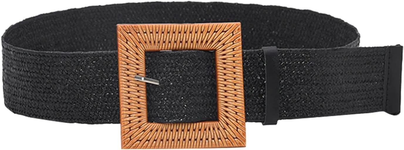Woven Belt for Women Straw Elastic Stretch Wide Boho Waist Belt with Wooden Style Buckle