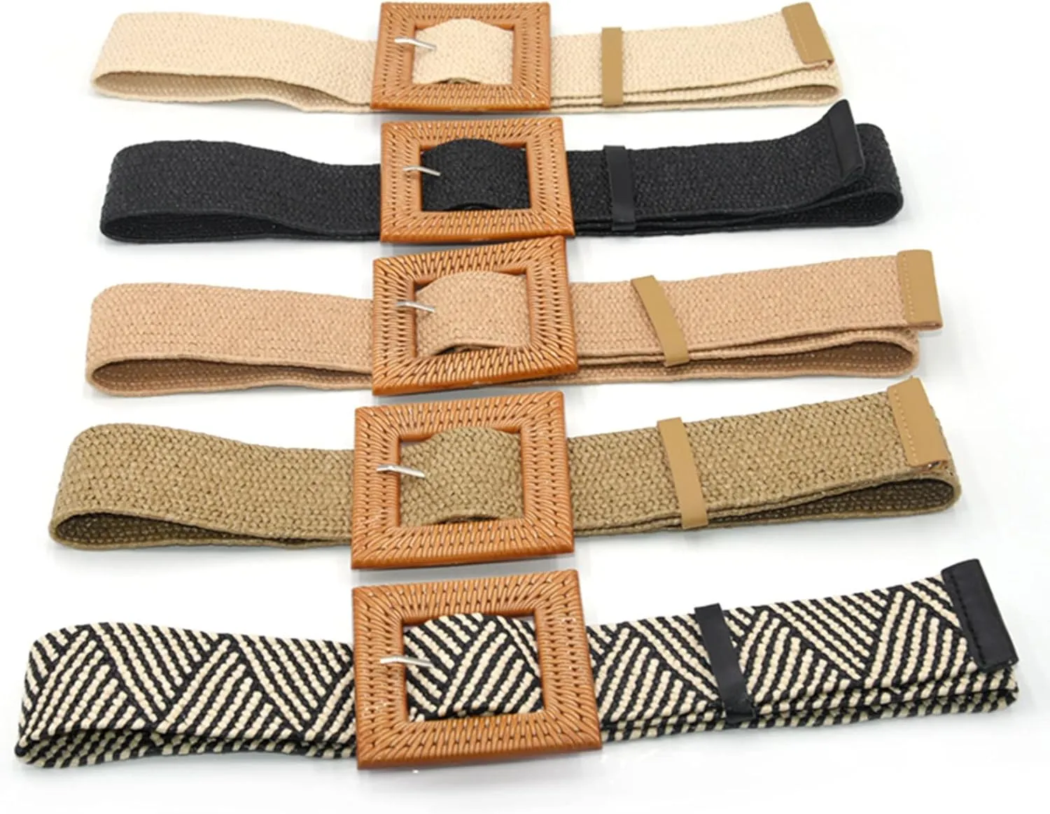 Woven Belt for Women Straw Elastic Stretch Wide Boho Waist Belt with Wooden Style Buckle