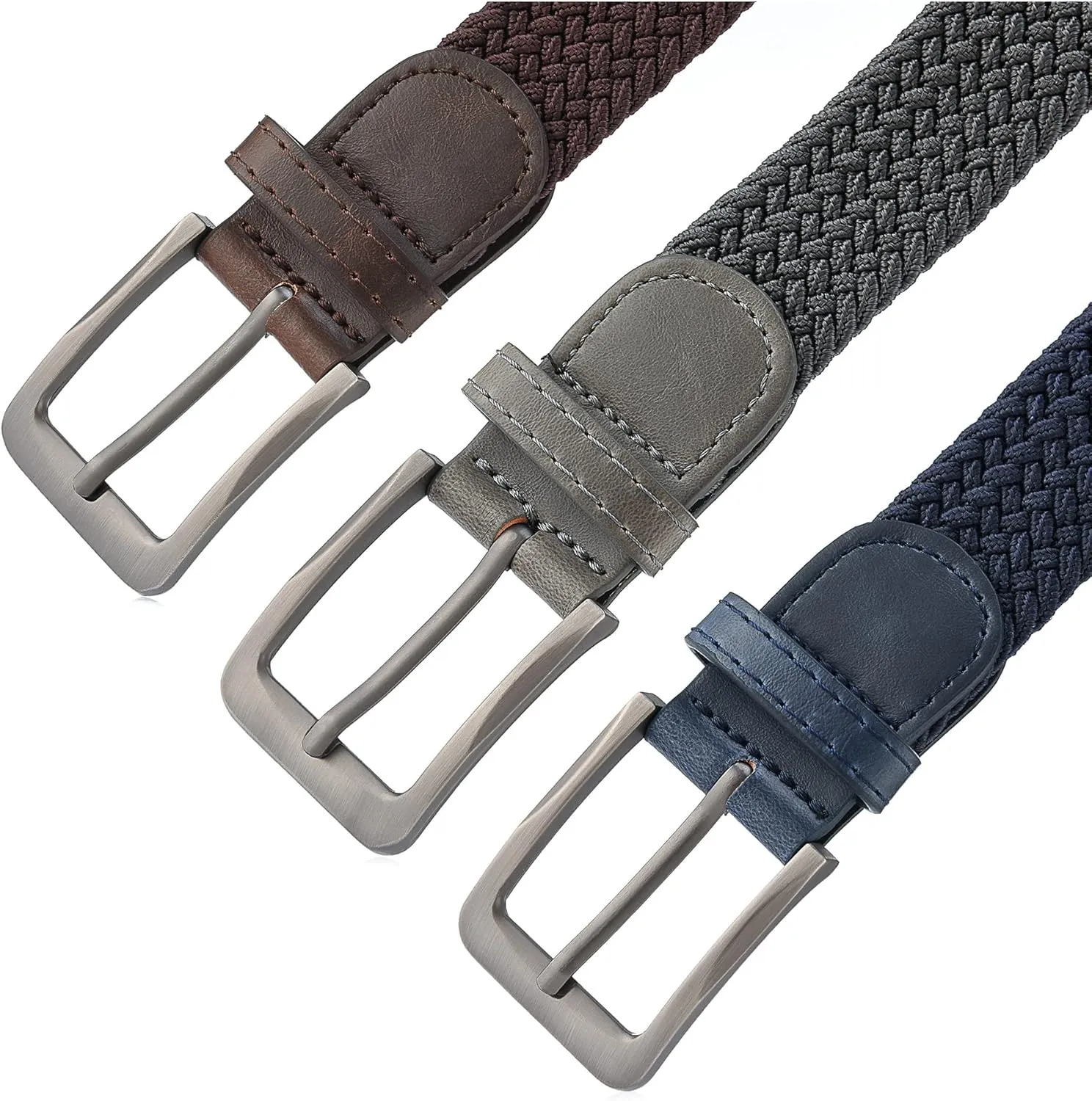 Woven Elastic Braided Belt For Men - Fabric Stretch Casual Belt- 3 Pack