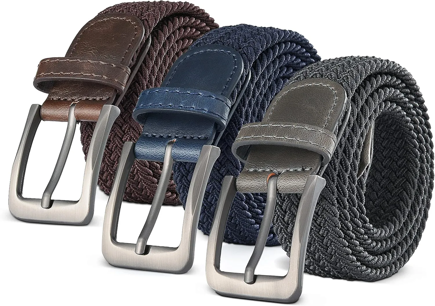 Woven Elastic Braided Belt For Men - Fabric Stretch Casual Belt- 3 Pack