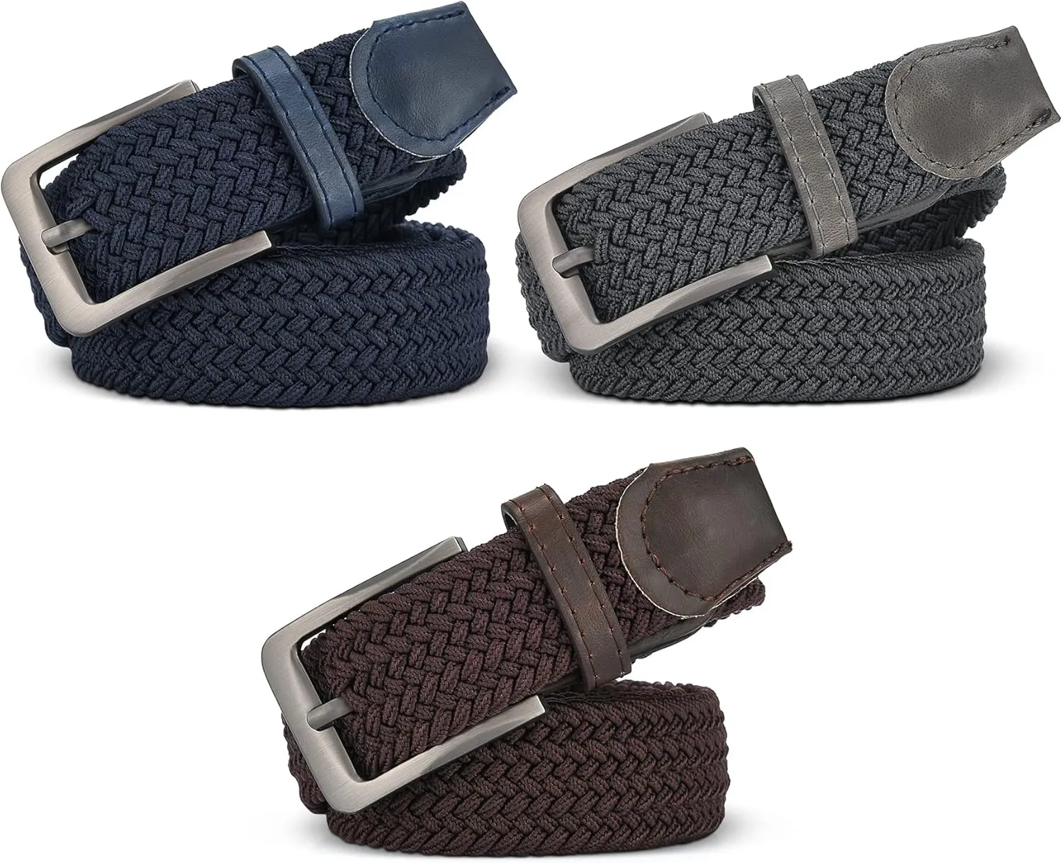 Woven Elastic Braided Belt For Men - Fabric Stretch Casual Belt- 3 Pack