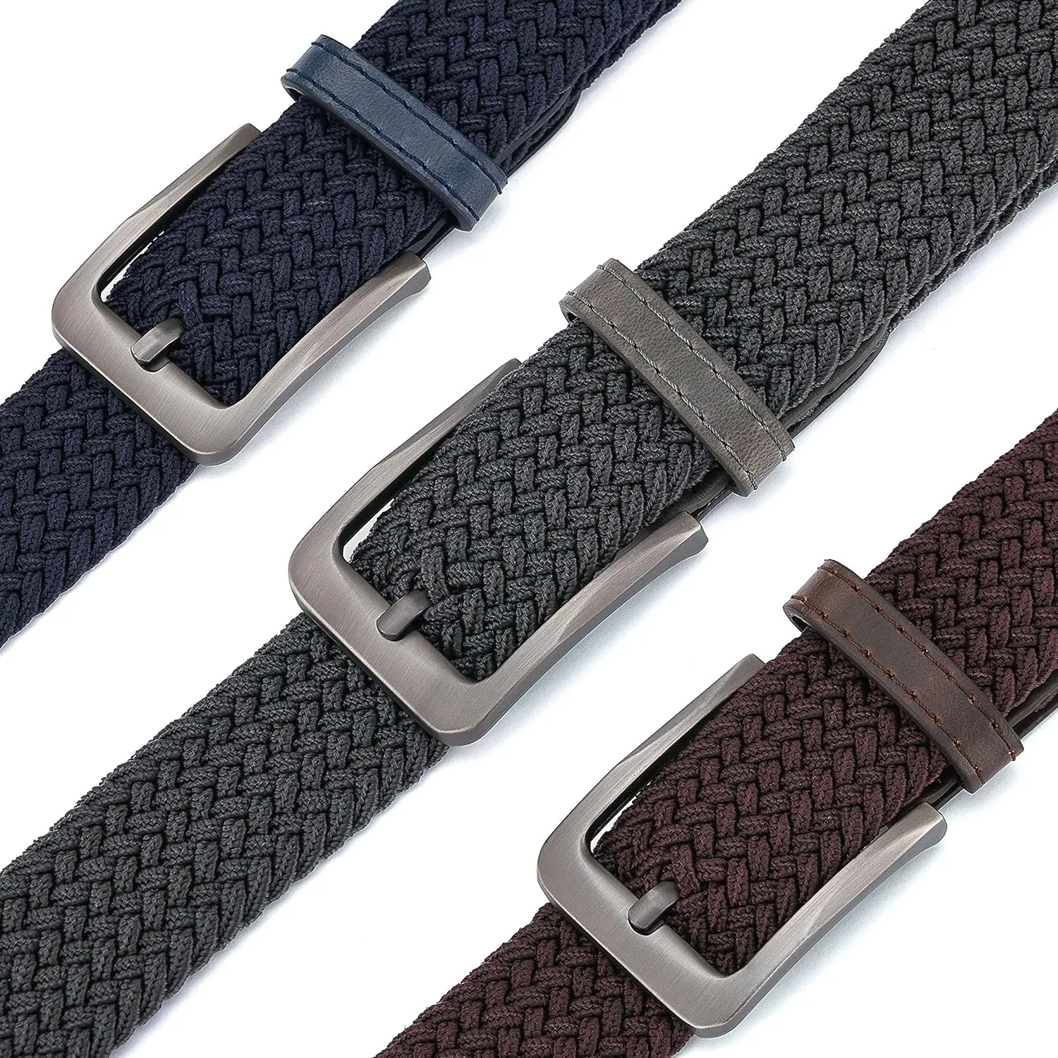 Woven Elastic Braided Belt For Men - Fabric Stretch Casual Belt- 3 Pack